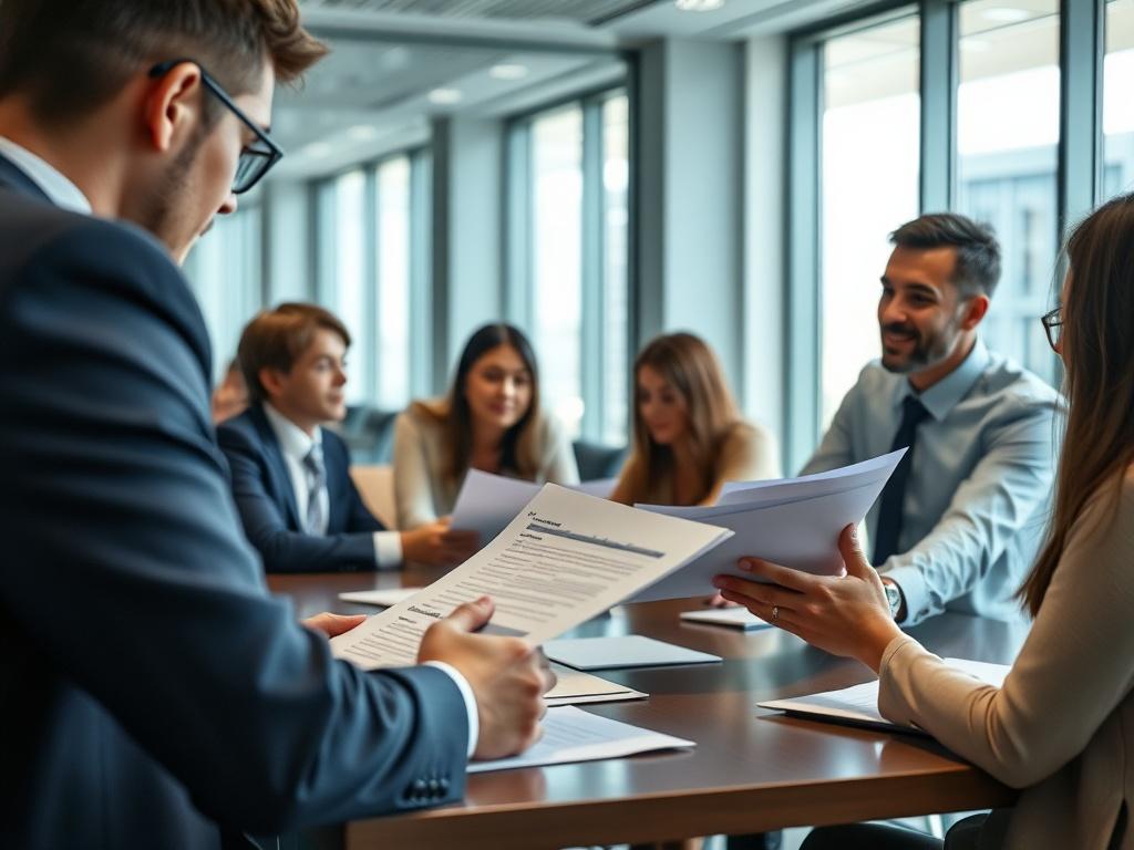 Close-up shot of a business executive reviewing documents and discussing strategies with a team in a modern conference room, with a focus on collaboration.