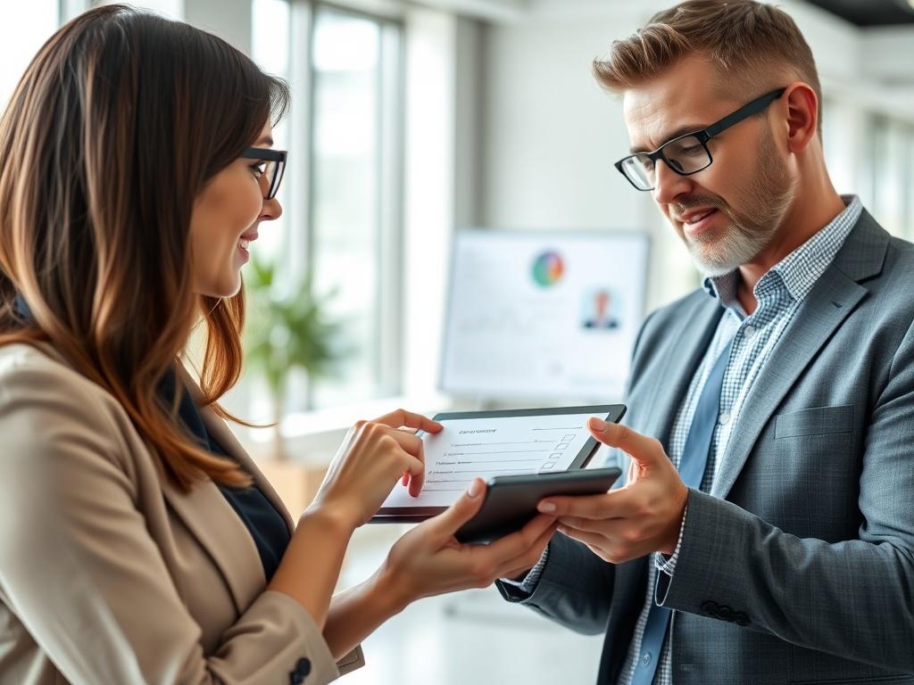 Close-up shot of a business professional discussing with a client, highlighting a questionnaire on a tablet, in a modern office setting, with natural light.