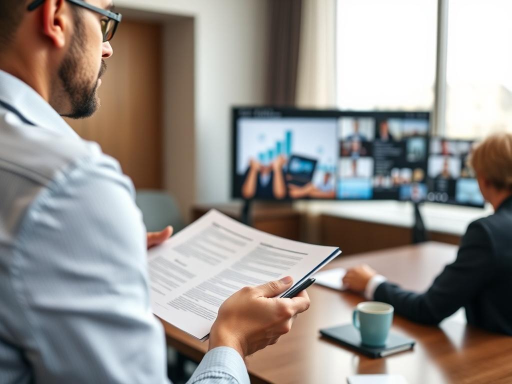 Close-up shot of a business consultant presenting a briefing document to a client in a professional meeting room, with engaging visuals on a screen.