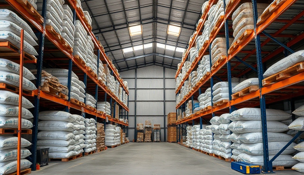 Warehouse interior with organized shelving and grain storage