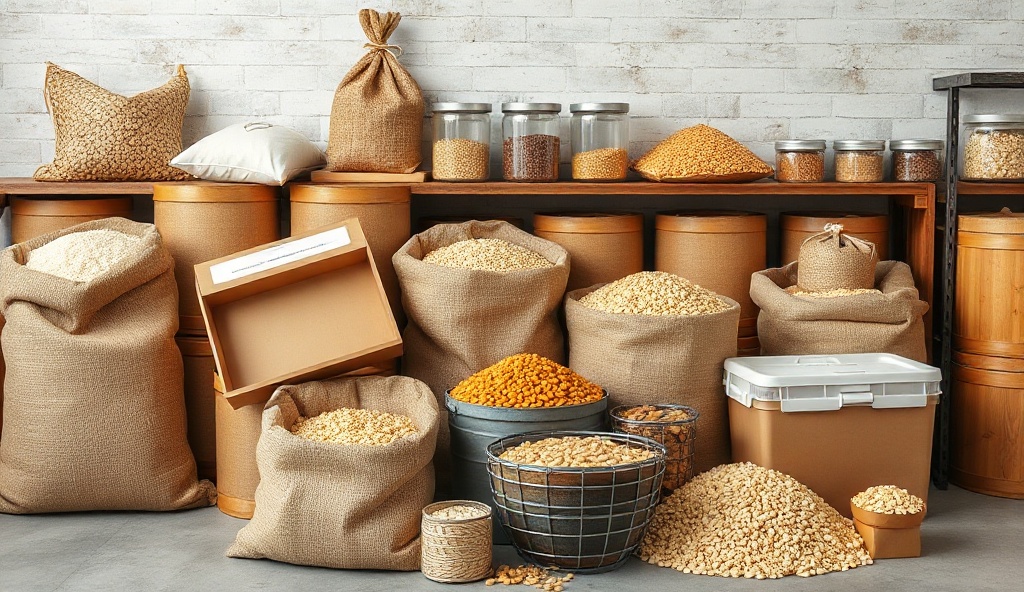 Gallery of grain products in burlap sacks and food containers