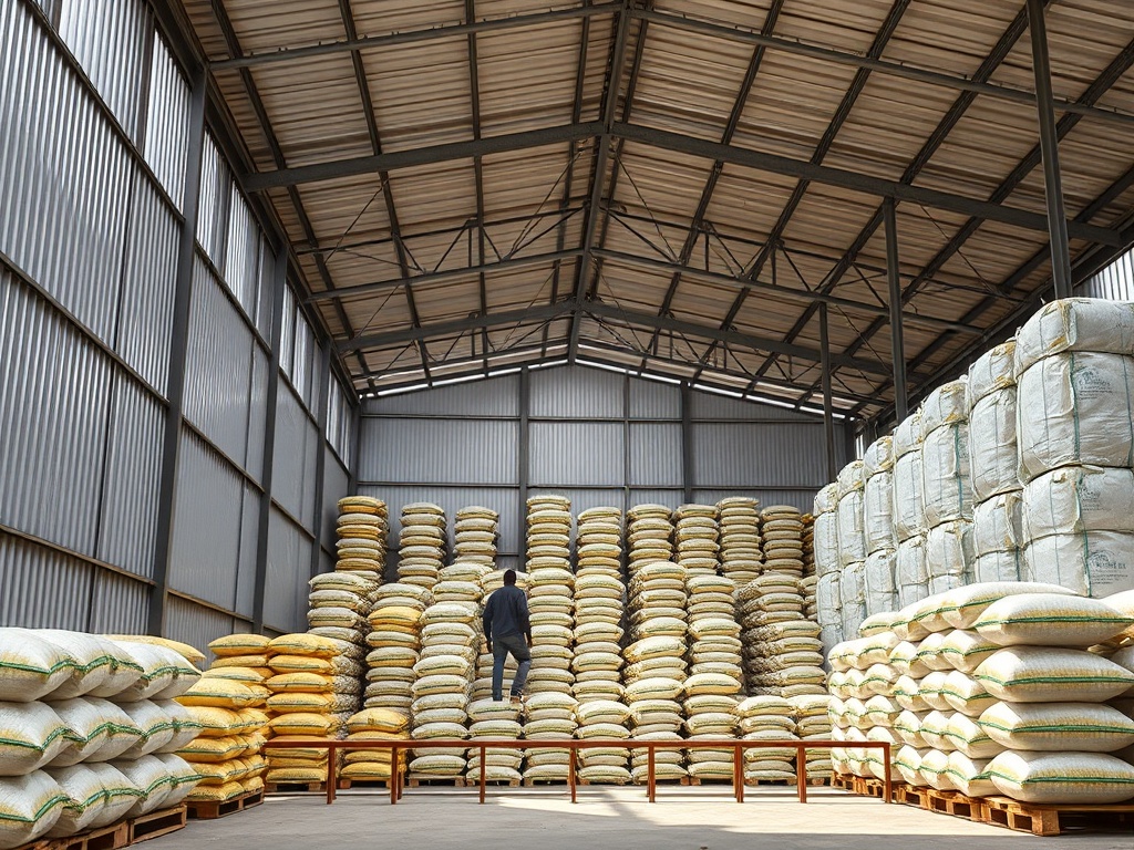 Modern Nigerian agricultural warehouse with organized inventory