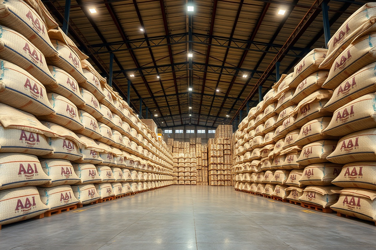 AAI GRAINS warehouse interior with branded jute sacks