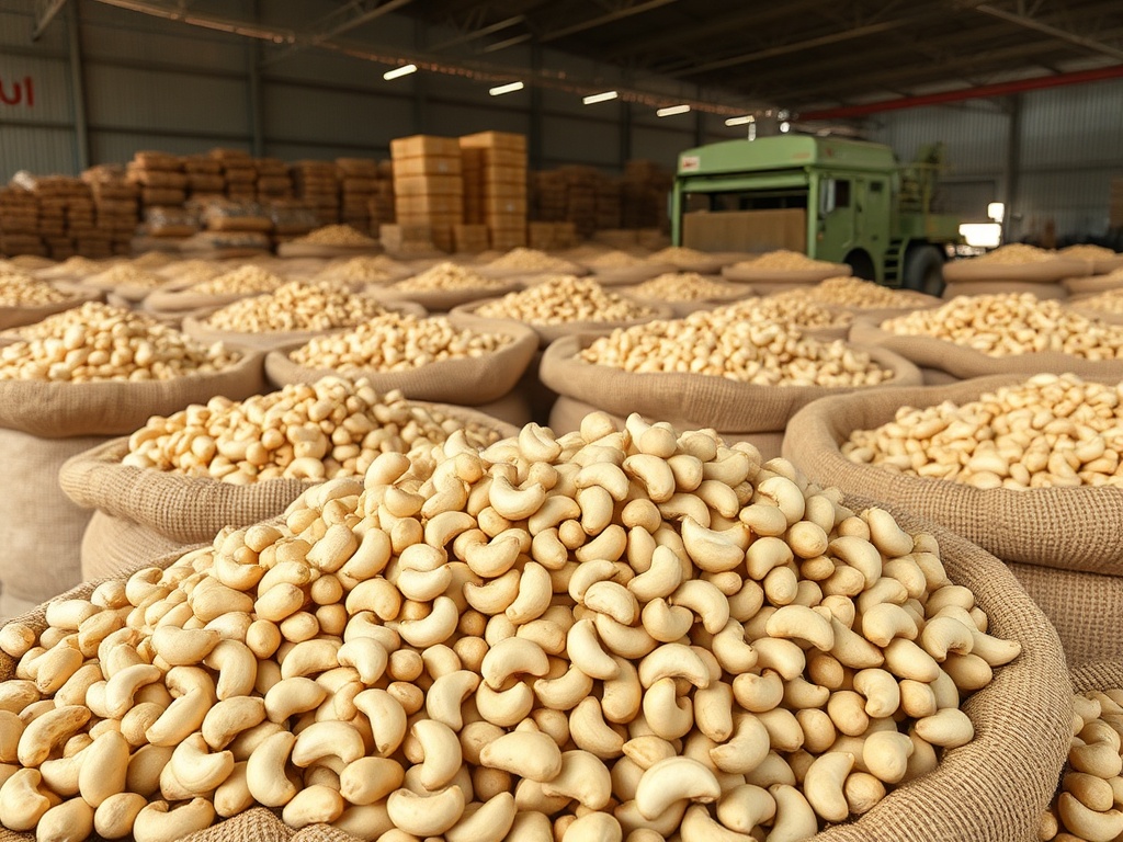 Raw cashew nuts in jute sacks at Nigerian export warehouse