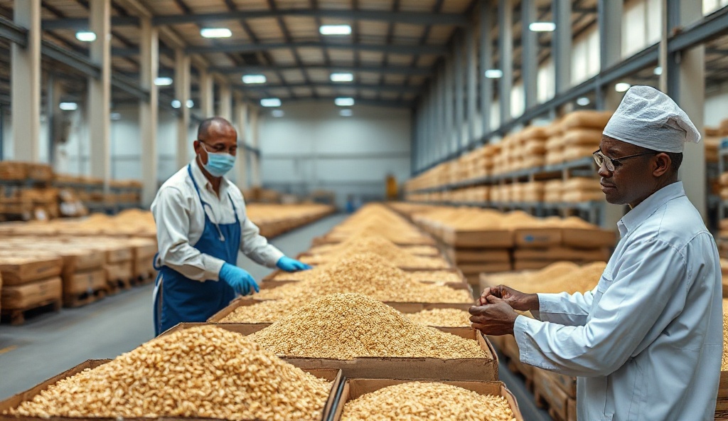Quality control staff inspecting grain products in warehouse