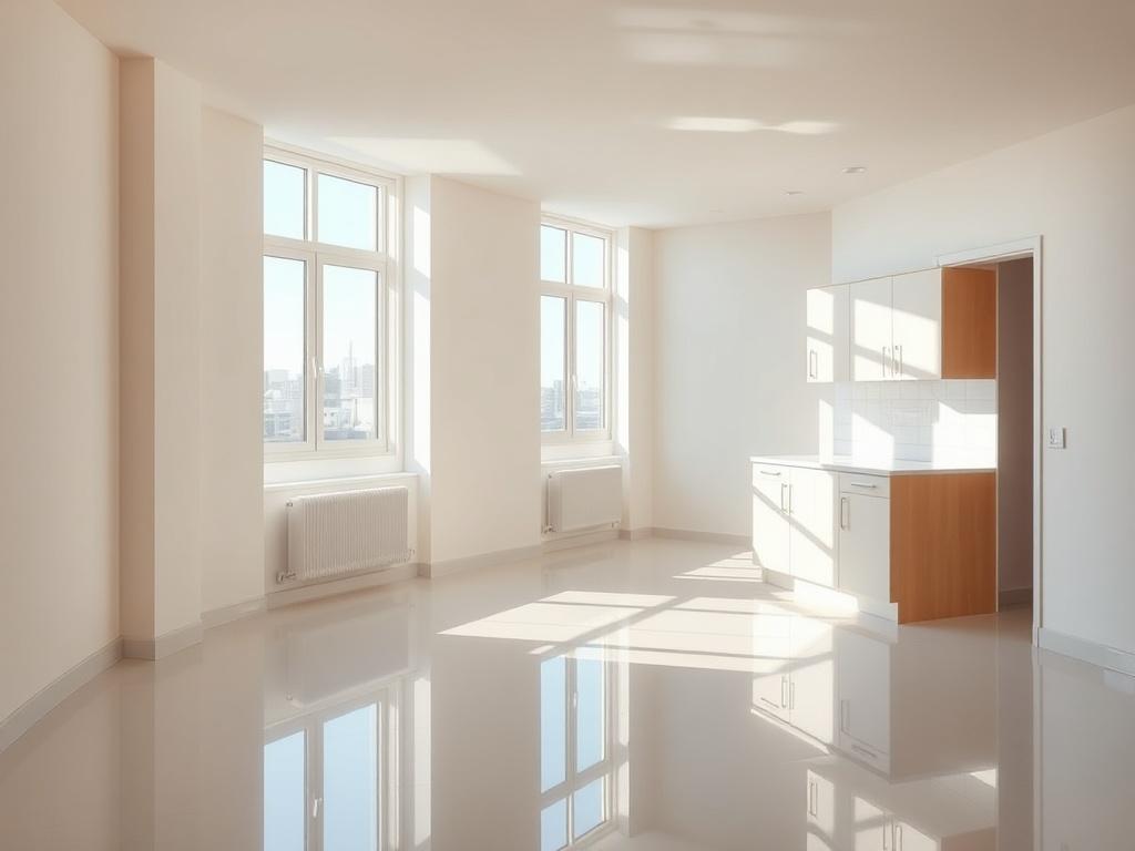 An empty apartment awaiting new occupants, showcasing gleaming floors, spotless countertops, and freshly cleaned windows. The sunlight streaming in emphasizes the fresh and welcoming atmosphere of the space.