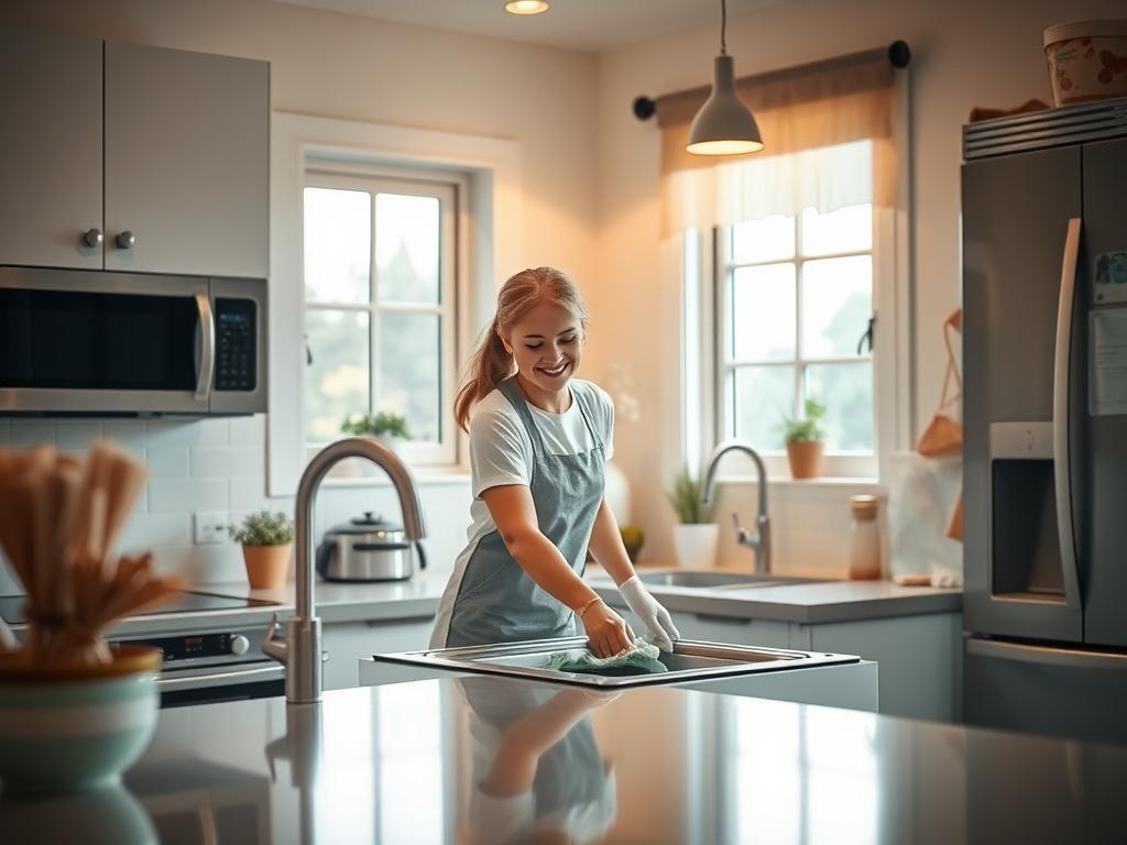 A bright and inviting kitchen being thoroughly cleaned, with a focus on the countertops and appliances. A cleaner is seen scrubbing the sink with a gentle smile, showcasing attention to detail and care. The warm lighting creates a peaceful ambiance, complemented by soft colors that align with the rgb(245, 77, 77) primary color scheme, evoking a sense of serenity and cleanliness.