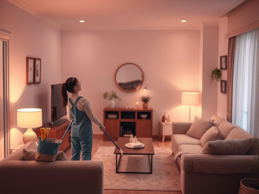 A serene and cozy living room being cleaned, with soft lighting illuminating a well-arranged space. A professional cleaner in the foreground, gently dusting furniture. The atmosphere is calm and peaceful, reflecting a sense of tranquility and cleanliness. The overall color palette should harmonize with the rgb(245, 77, 77) primary color, enhancing the feeling of warmth and serenity.