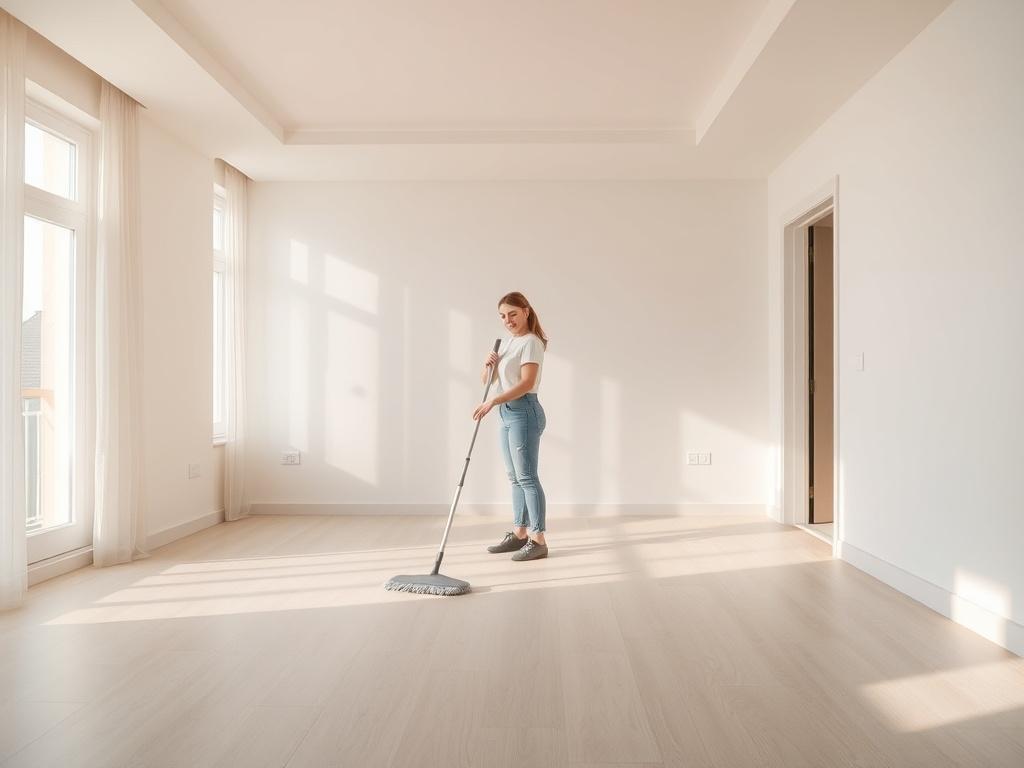 A spacious, empty apartment being cleaned, highlighting the freshness of a newly vacated space. A cleaner is seen mopping the floor with a look of satisfaction. Soft, natural light streams through the windows, creating a clean and refreshing environment that resonates with tranquility, using a color palette that harmonizes with the rgb(245, 77, 77) primary color, emphasizing peace and cleanliness.