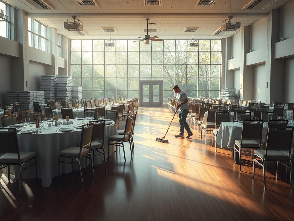 A banquet hall after an event, with tables stacked and
