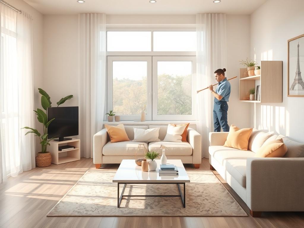 A serene, sunlit living room with soft pastel colors, featuring