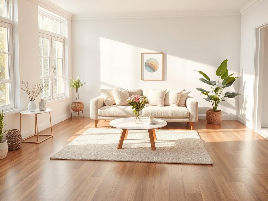 A beautifully cleaned living room with soft, gentle lighting. The room features a cozy sofa adorned with pastel-colored cushions, a neatly arranged coffee table with a vase of fresh flowers, and a bright rug on a polished wooden floor. Large windows allow natural light to fill the space, highlighting the cleanliness and inviting atmosphere. The walls are painted in soft tones, and there are decorative elements like framed pictures and green plants, creating a serene and peaceful environment.