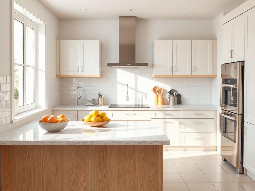 An immaculate kitchen showcasing a sparkling clean countertop and stainless steel appliances. The kitchen island is perfectly organized, with a bowl of fresh fruits and a few stylish kitchen utensils. Natural light streams in through a window, illuminating the spotless tiles and neatly arranged cabinets. The color scheme is soft and calming, with a mix of whites and light wood tones. The atmosphere feels inviting and serene, perfect for cooking and gathering with family.