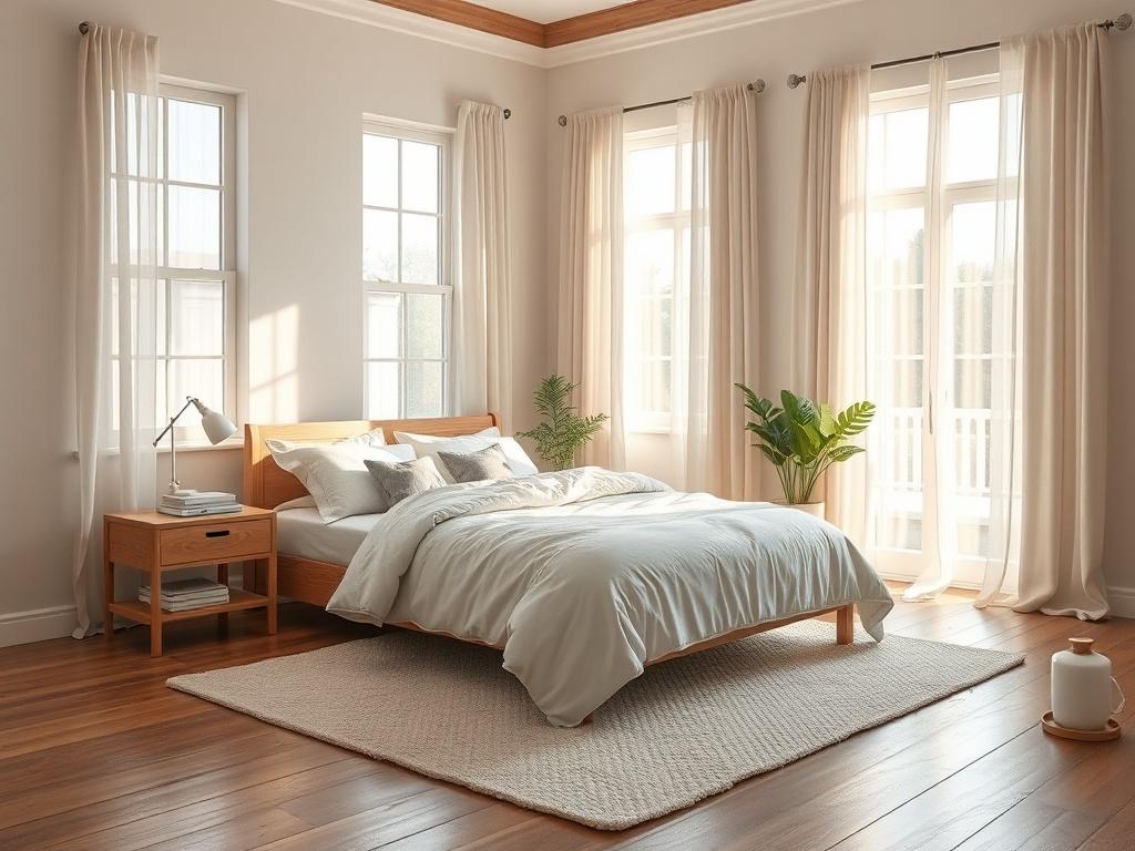 A serene bedroom with a neatly made bed featuring fresh linens in soft pastel colors. The room has gentle lighting, creating a warm and peaceful atmosphere. A bedside table holds a simple lamp and a few books, while a plush rug lies on the wooden floor. Large windows are dressed with light curtains that softly diffuse the sunlight, enhancing the room's tranquility. The decor is minimalistic, with a few carefully placed plants, contributing to a calming and relaxing space.