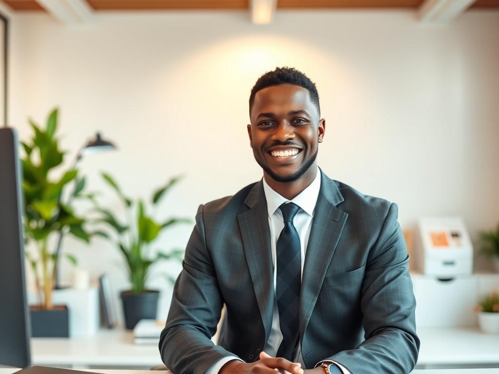 A professional black male in an office setting, dressed in business casual attire, sitting at a desk with a warm, inviting smile. The office is well-organized, featuring soft tones and gentle lighting. In the background, there are plants and soft-colored decor that create a peaceful atmosphere, emphasizing a sense of serenity and professionalism.