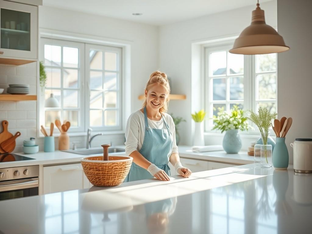 A bright and airy kitchen with sunlight streaming through windows, highlighting a sparkling clean countertop. A cheerful cleaner is seen organizing kitchen items, creating a serene and inviting atmosphere. The scene is filled with soft colors and natural light.