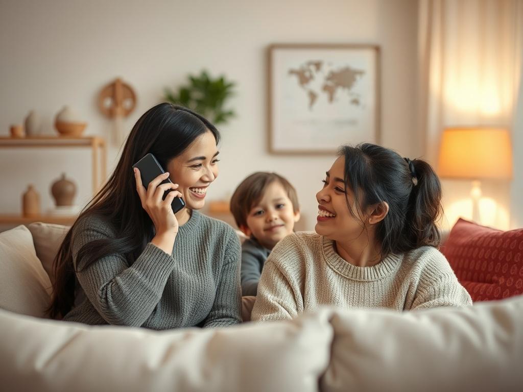 A happy family enjoying their clean living room, with a warm atmosphere and soft lighting. A friend is on the phone, smiling while telling others about TruSerenity Cleaning LLC. The setting is cozy and inviting, filled with soft tones.
