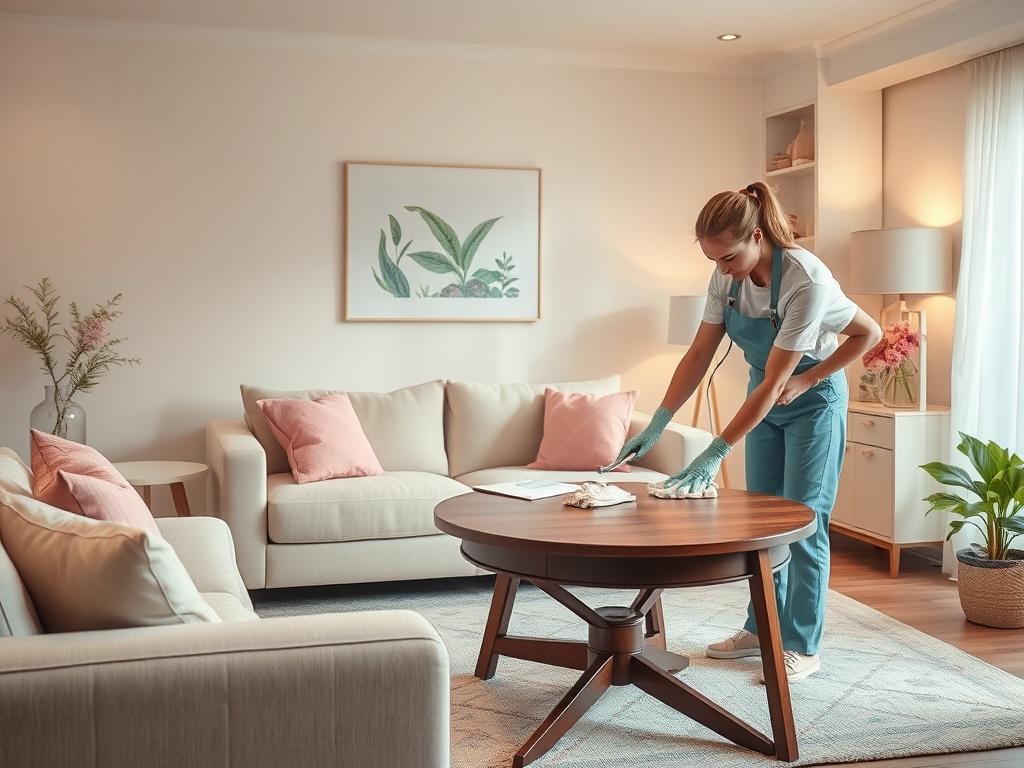 A serene living room with soft lighting, featuring a comfortable sofa and clean surfaces. A professional cleaner is attentively polishing a wooden table, showcasing a peaceful atmosphere. The colors are gentle, with accents of pink and light tones, creating a warm, inviting environment.