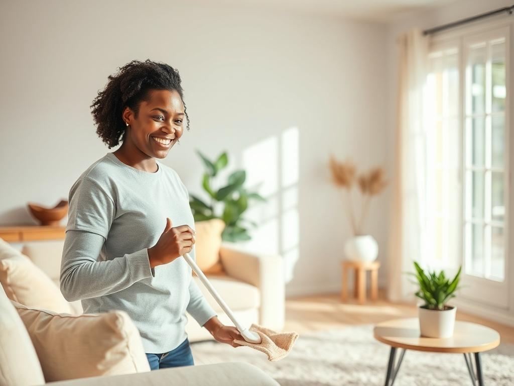 A warm and inviting scene depicting a person of color, smiling and gently cleaning a bright, airy living room. The room features soft tones and gentle lighting, showcasing a cozy couch with plush pillows and a small coffee table with a potted plant. The background includes a large window allowing natural light to pour in, enhancing the peaceful atmosphere. The person is using a microfiber cloth, demonstrating attention to detail and care in cleaning. The overall composition conveys a sense of tranquility an