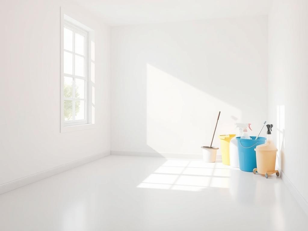 A bright and cheerful empty room ready for moving in, with sunlight streaming through the window. The floor is spotless, and the walls are freshly painted. Cleaning supplies are neatly arranged in the corner, highlighting a sense of readiness for new beginnings.