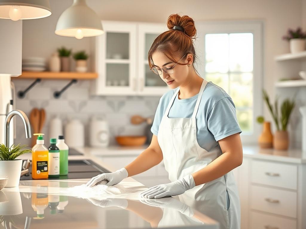 A focused cleaning scene in a kitchen, showcasing a team member scrubbing surfaces with eco-friendly products. The kitchen is bright, with soft lighting and a clean, organized look. All surfaces are gleaming, and the atmosphere conveys a sense of freshness and tranquility.