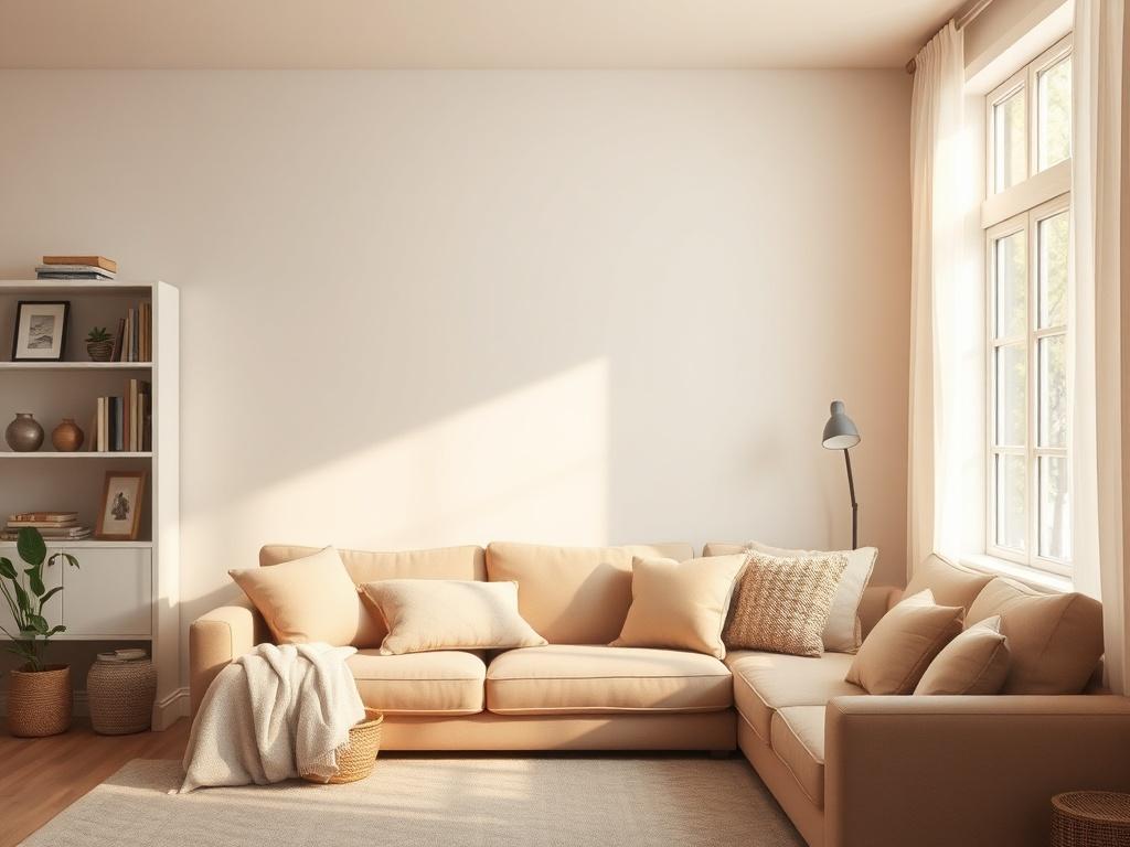 A meticulously cleaned living room with soft tones and gentle lighting, featuring a cozy sofa, neatly arranged cushions, and a warm ambiance. The room is free of clutter, with a serene atmosphere that invites relaxation. A window with natural light streaming in, illuminating the space, creating a peaceful feeling.