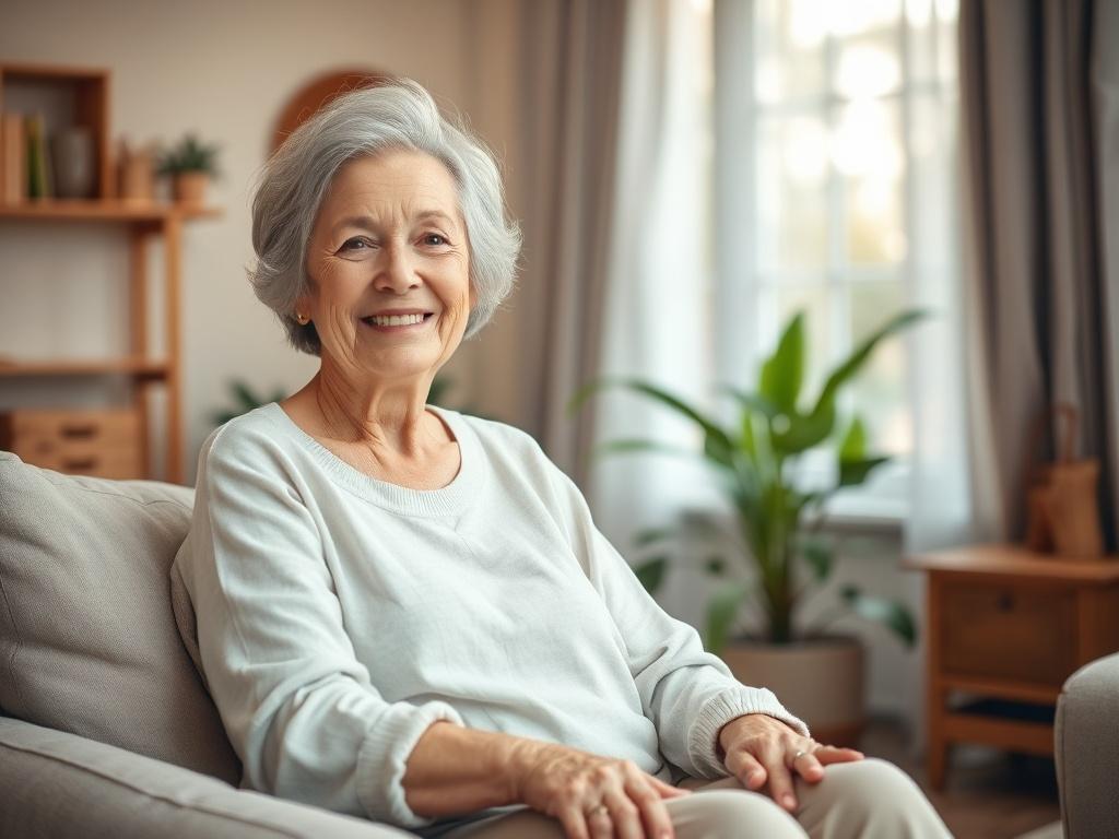 A serene and peaceful setting featuring an older white woman with a warm smile, sitting comfortably in a cozy, softly lit room. The woman is surrounded by clean and organized living space, showcasing a sense of tranquility. She is wearing casual, comfortable clothing, and there are plants in the background adding a touch of nature. The overall atmosphere should evoke feelings of relaxation and harmony, reflecting the essence of TruSerenity Cleaning LLC.