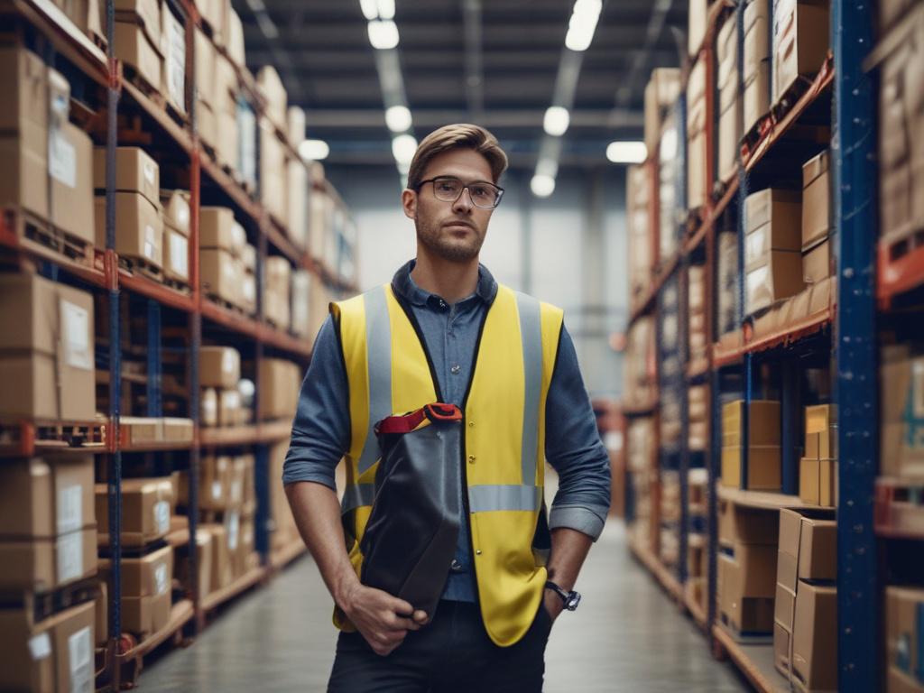 A close-up shot of a professional looking individual overseeing a logistics operation in a modern warehouse. The individual is wearing a smart-casual outfit and is focused on a digital tablet, analyzing shipping data. In the background, there are neatly stacked boxes and shipping containers, showcasing an organized logistics environment. The lighting is bright and inviting, emphasizing a productive atmosphere, with a color palette that complements the rgb(2, 86, 197) primary color.