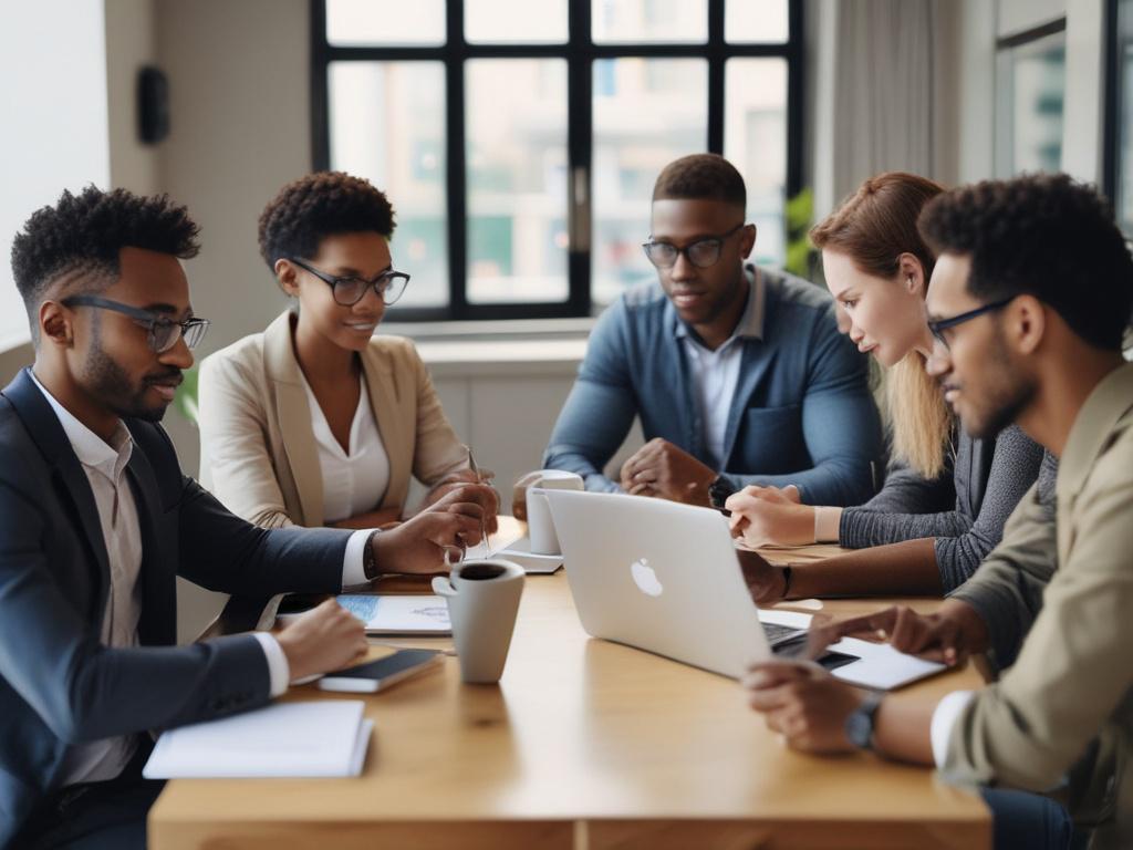 A close-up shot of a diverse group of entrepreneurs engaged in a collaborative brainstorming session around a modern table filled with laptops, notebooks, and coffee cups. The background is a bright, airy co-working space with large windows letting in natural light. The focus is on the interaction and energy of the group, showcasing diversity in age and ethnicity, symbolizing innovation and teamwork.