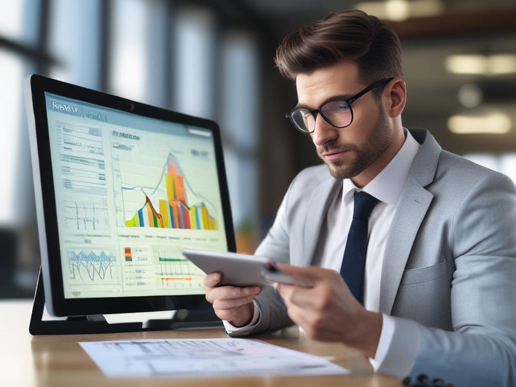 Close-up shot of a confident business professional analyzing a vibrant growth chart on a digital tablet. The subject is focused and engaged, surrounded by a modern office environment with soft natural lighting. The background features a blurred image of a collaborative workspace, conveying a sense of professionalism and innovation. The overall color scheme aligns with rgb(2, 86, 197), enhancing the visual appeal.