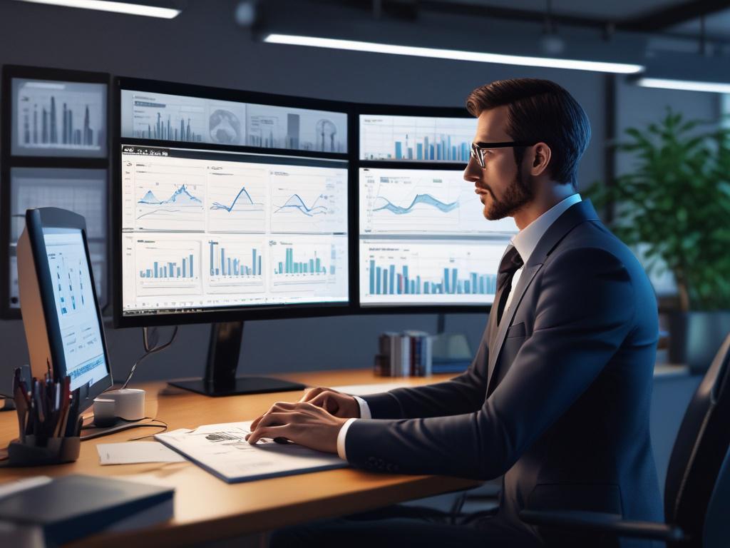 A close-up shot of a data analyst focused on a computer screen displaying data visualization graphs and charts. The background should be a modern office setting with soft lighting, emphasizing the importance of data mining and process automation. The subject's expression should convey concentration and determination, with a slight blur to the background for depth, captured in hyper-realistic quality using a 45mm f/1.2 lens.