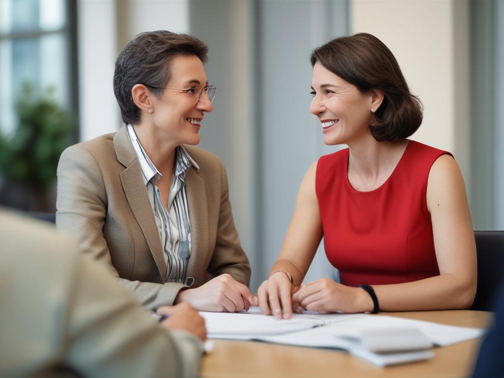 Create a close-up shot of a professional mediator engaged in a one-on-one conversation with a client. The mediator is a middle-aged woman with short hair, wearing a smart blazer, and is listening intently, showing empathy. The background should be softly blurred to emphasize the interaction, with neutral colors to create a calm atmosphere. The lighting should be warm and inviting, capturing the focus on the mediator's attentive expression.