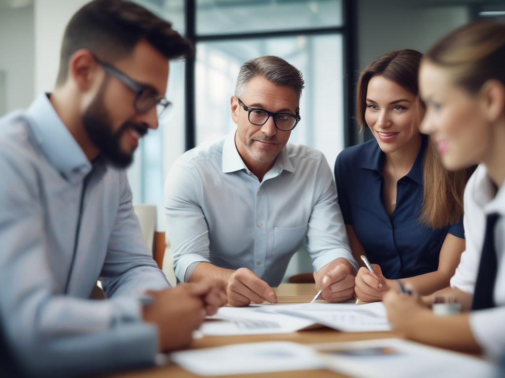 A focused, close-up shot of a diverse group of professionals engaged in a strategic planning meeting. The image captures their expressions of concentration and collaboration as they discuss market development strategies. The background is softly blurred to emphasize the team, while the lighting is warm and inviting. The color scheme subtly incorporates the primary color rgb(2, 86, 197) to create a cohesive and professional atmosphere.