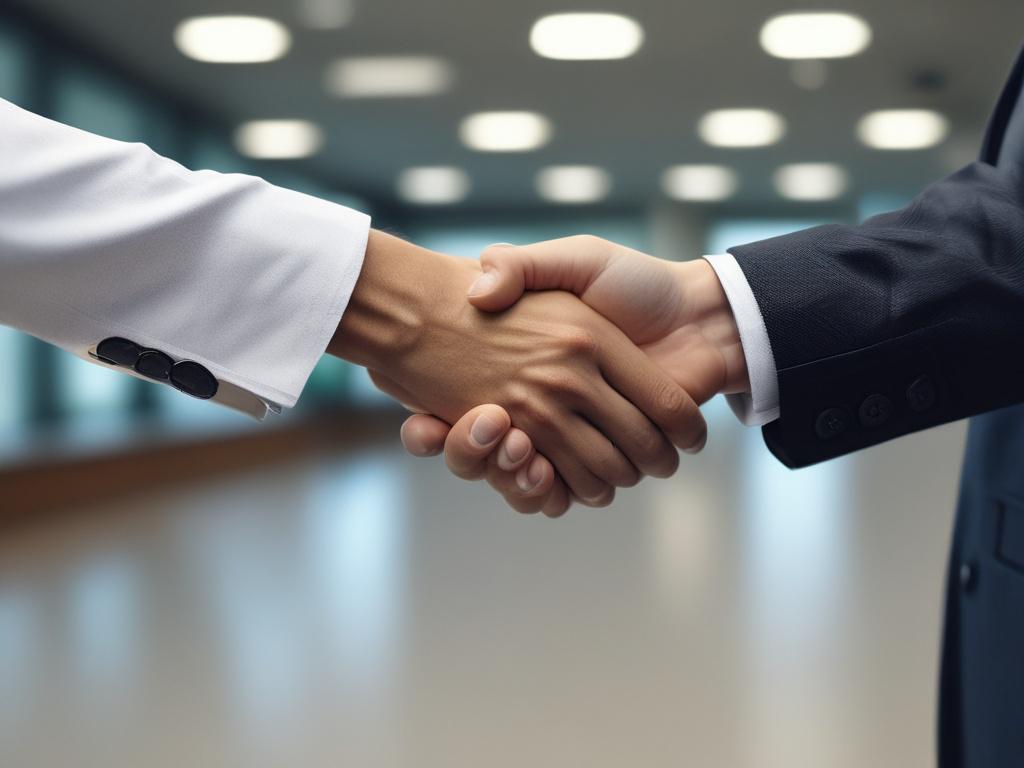 A professional close-up shot of two business professionals shaking hands in a modern office environment, symbolizing partnership and collaboration. The background features a sleek, minimalistic design with natural light coming through large windows. The focus is on their hands and smiling faces, showcasing a sense of trust and positivity in a co-marketing agreement. The colors are vibrant, incorporating the primary color rgb(2, 86, 197) subtly in the office decor.