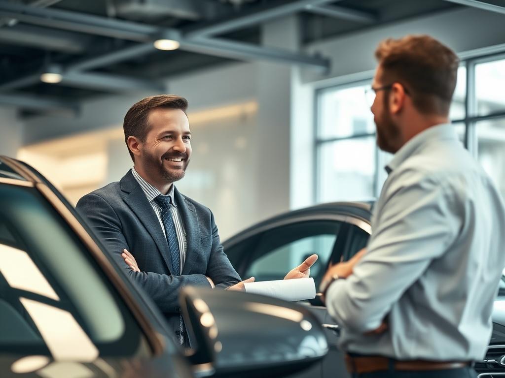 A realistic high-resolution photo of a close-up shot of a friendly car agent discussing with a customer about selling a vehicle. The car agent is standing next to a sleek car, showcasing a professional demeanor. The background should be a clean, modern office environment with a focus on professionalism. The image should be shot with a 45mm f/1.2 lens style, emphasizing the expressions of both the agent and the customer.