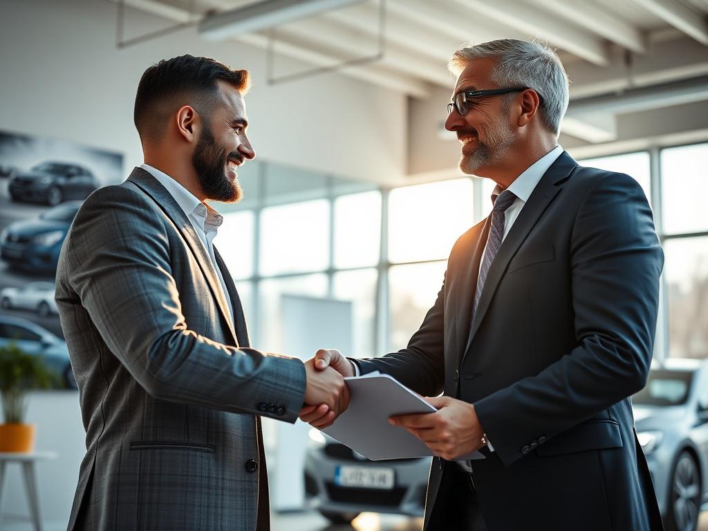 A close up shot of a professional car agent shaking