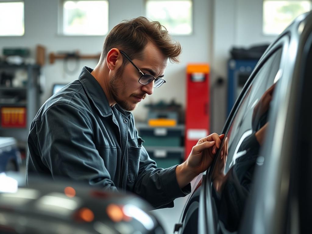 A professional appraiser inspecting a car in a bright, spacious