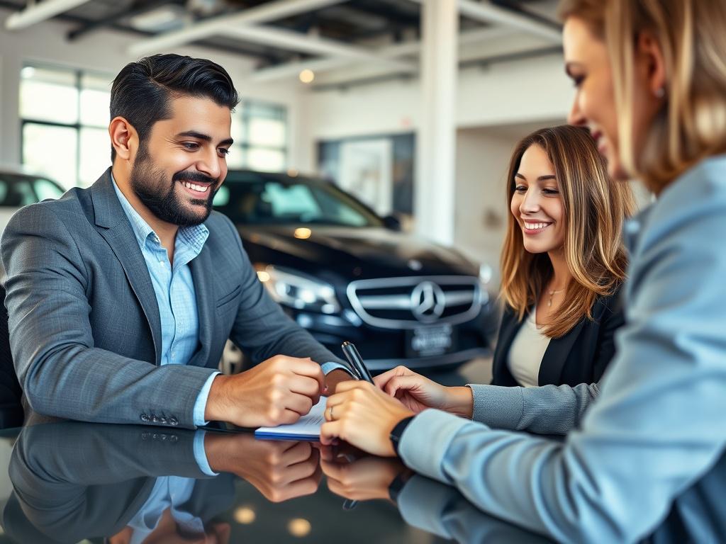 A close up shot of a satisfied customer signing paperwork