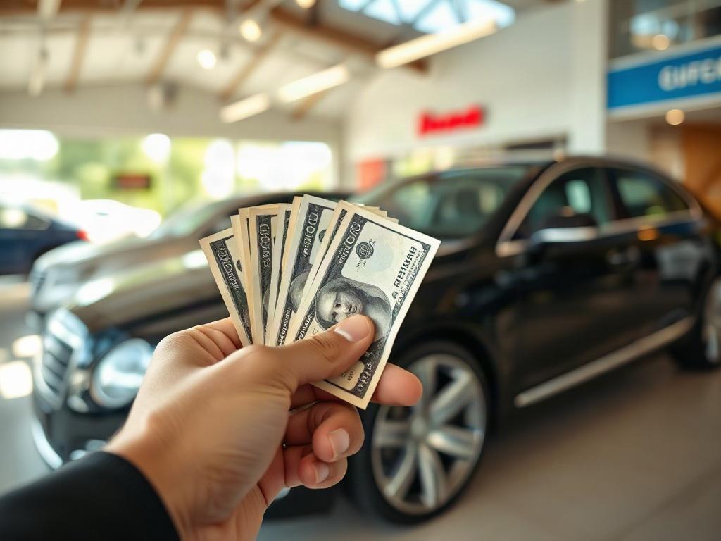 A close-up shot of a hand holding cash with a background of a car dealership. The focus is on the cash, with the car in soft focus, conveying a sense of transaction and simplicity. The lighting is bright and inviting, with a modern and clean aesthetic.