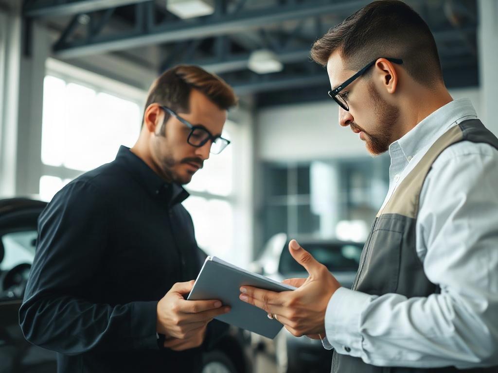 A close-up shot of a professional appraiser examining a car with a clipboard in hand. The background shows a clean, modern appraisal environment, highlighting the professionalism and attention to detail. The lighting is bright, emphasizing the car's features and the appraiser's focus.
