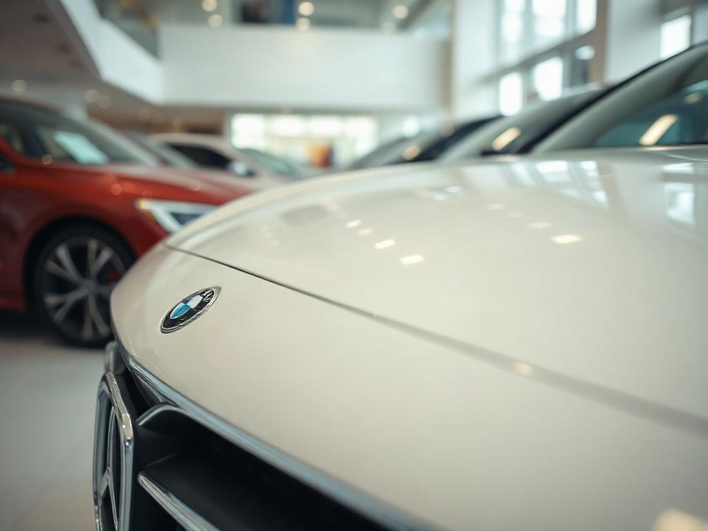 A close-up shot of a well-maintained car on display at a dealership, showcasing its polished exterior. The background includes subtle hints of other vehicles and a well-organized sales environment, emphasizing professionalism and quality. The composition is clean and vibrant, drawing attention to the car's features.