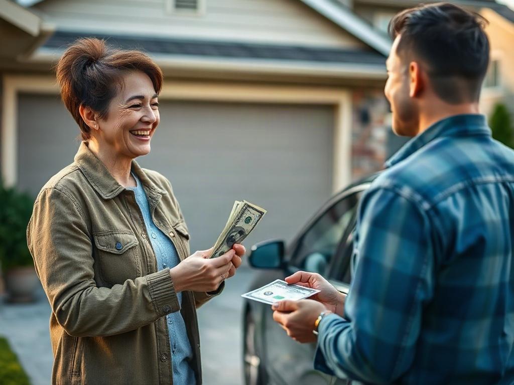 A realistic high-resolution close-up shot of a satisfied customer receiving cash in their driveway for a car sale. The scene should convey a sense of ease and professionalism, with the customer smiling and holding the cash, while the car is parked nearby. The background should be simple and clear, focusing on the interaction between the customer and the seller. The color palette should harmonize with rgb(50, 170, 39).