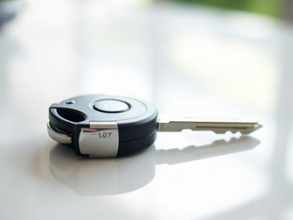 A close-up shot of a shiny car key on a clean, white surface, symbolizing the ease of selling a car. The background should be softly blurred to emphasize the key, with a hint of green to reflect the primary color of the brand. Shot with a 45mm f/1.2 lens style.