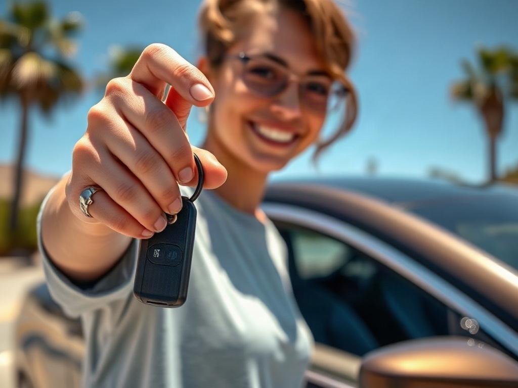 A close-up shot of a person holding car keys with a bright smile, standing next to a shiny, modern car. The background features a sunny Californian landscape with palm trees and a clear blue sky. The composition is simple and vibrant, emphasizing the joy of selling a car easily. The image should be realistic and high-resolution, shot with a 45mm f/1.2 lens style, and colors should align with the rgb(50, 170, 39) primary color.