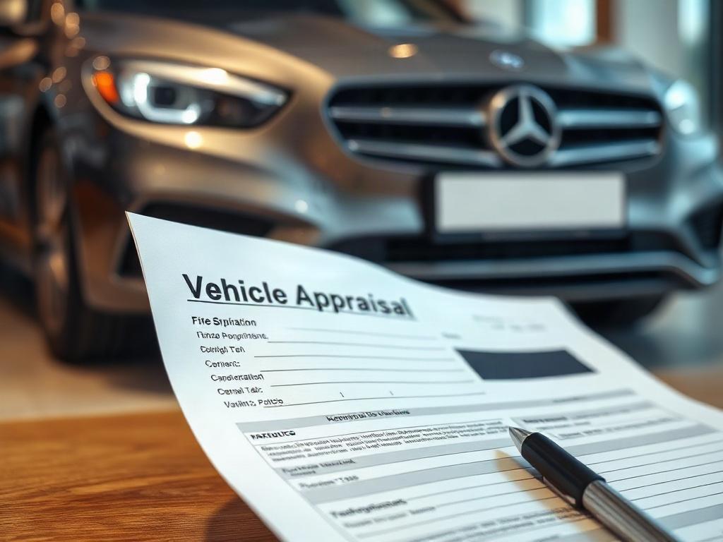 A close-up shot of a vehicle appraisal document with a car in the background, showcasing a professional setting, shot in hyper-realistic style using a 45mm f/1.2 lens.