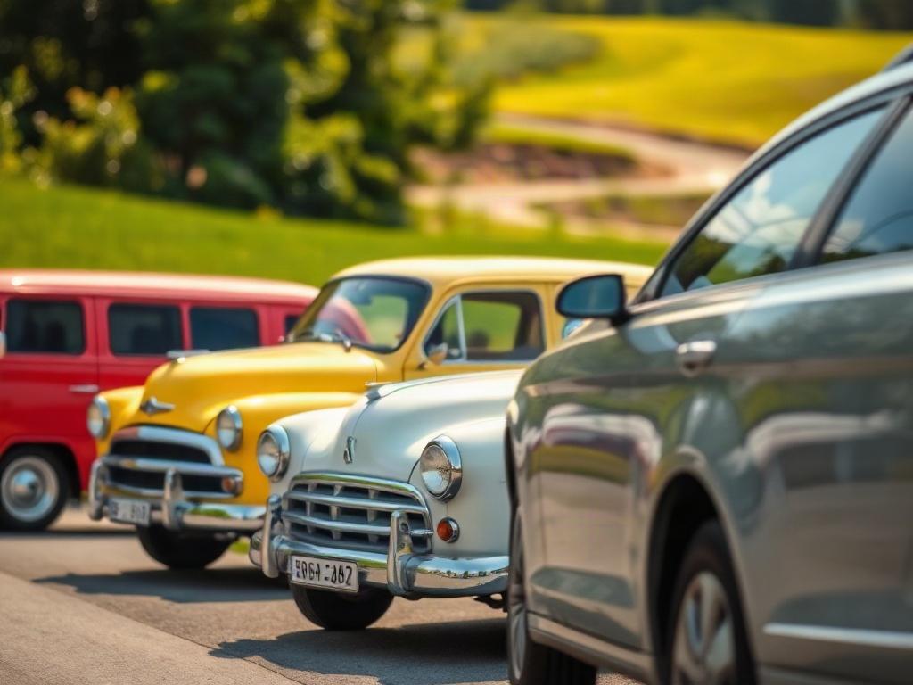 A close-up shot of a diverse lineup of vehicles including a mom's mini van, a vintage classic car, and a modern sedan, parked in a bright and inviting setting. The focus should be on the vehicles, showcasing their unique features. The background should be blurred to emphasize the cars, with a lush green landscape that complements the rgb(50, 170, 39) primary color.