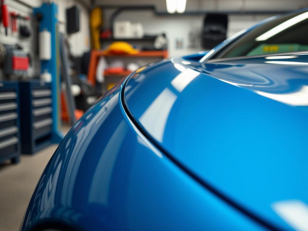 A close-up shot of a shiny, well-maintained car in a professional auto reconditioning shop. The background features tools and equipment used for car detailing and dent repair, subtly displaying the partnership with Dent Master Bay Area. The car should be the main focus, highlighting its polished exterior and vibrant color. The image should be shot with a 45mm f/1.2 lens to create a hyper-realistic effect, compatible with the rgb(69, 10, 186) primary color.
