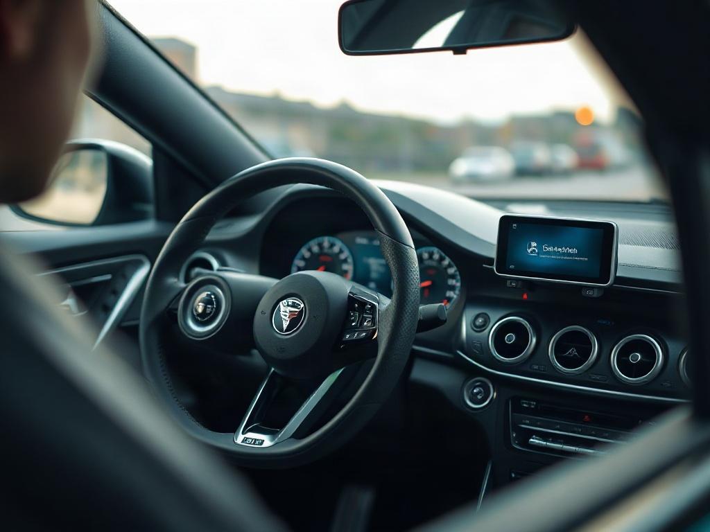 A realistic high-resolution close-up shot of a shiny, well-maintained car dashboard featuring a modern infotainment system. The focus should be on the steering wheel, showcasing high-quality materials and design. The background should be softly blurred, emphasizing the luxurious feel of the car interior. The color scheme should incorporate shades of green to match rgb(50, 170, 39), creating a fresh and appealing atmosphere.