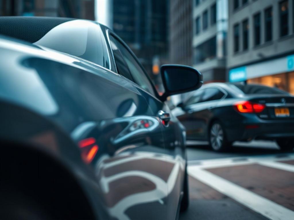 A high-resolution close-up shot of a sleek, modern sedan parked in an urban environment, showcasing its elegant design. The background features blurred city elements to emphasize the car. The lighting is bright, highlighting the vehicle's details and finish. Shot with a 45mm f/1.2 lens.