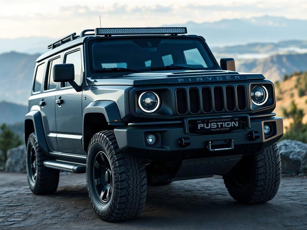 A high-resolution close-up shot of a rugged, modern SUV parked on a scenic overlook, emphasizing its powerful stance. The background features a panoramic view of mountains or a valley, creating an adventurous atmosphere. Shot with a 45mm f/1.2 lens.